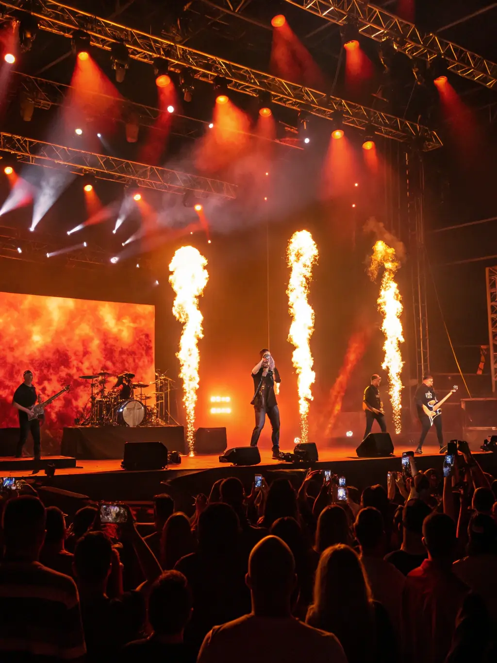 A vibrant image capturing the energy of a LES VOIX DU CHAUDRON live concert, featuring a rock band performing on stage with dynamic lighting and an enthusiastic crowd.