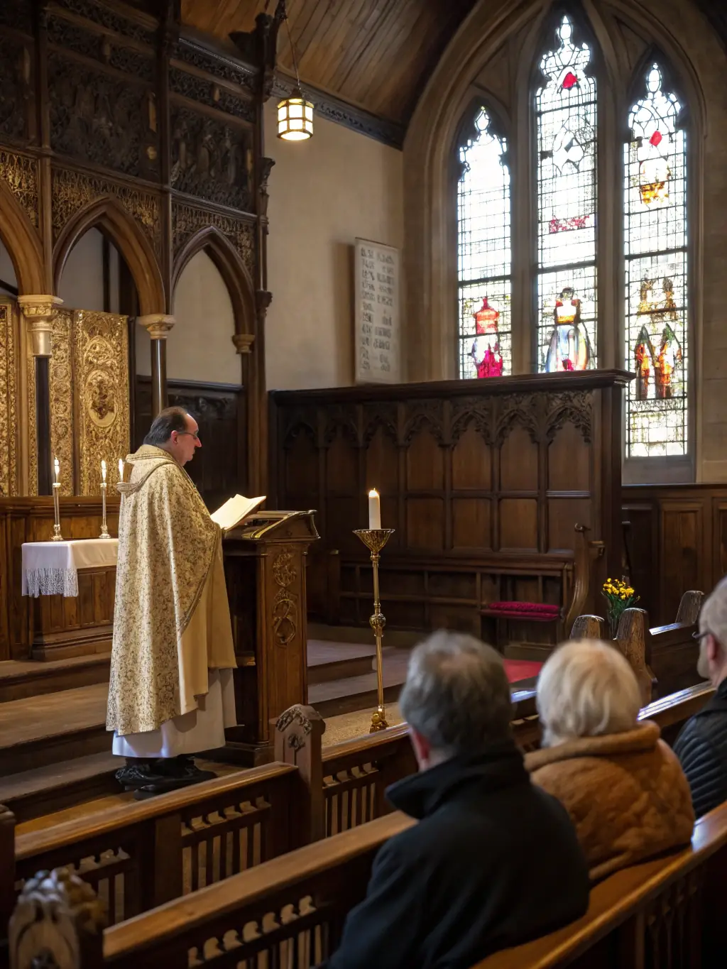 A photograph of a sacred music concert organized by LES VOIX DU CHAUDRON in a historic church, capturing the serene atmosphere and the beauty of the music.