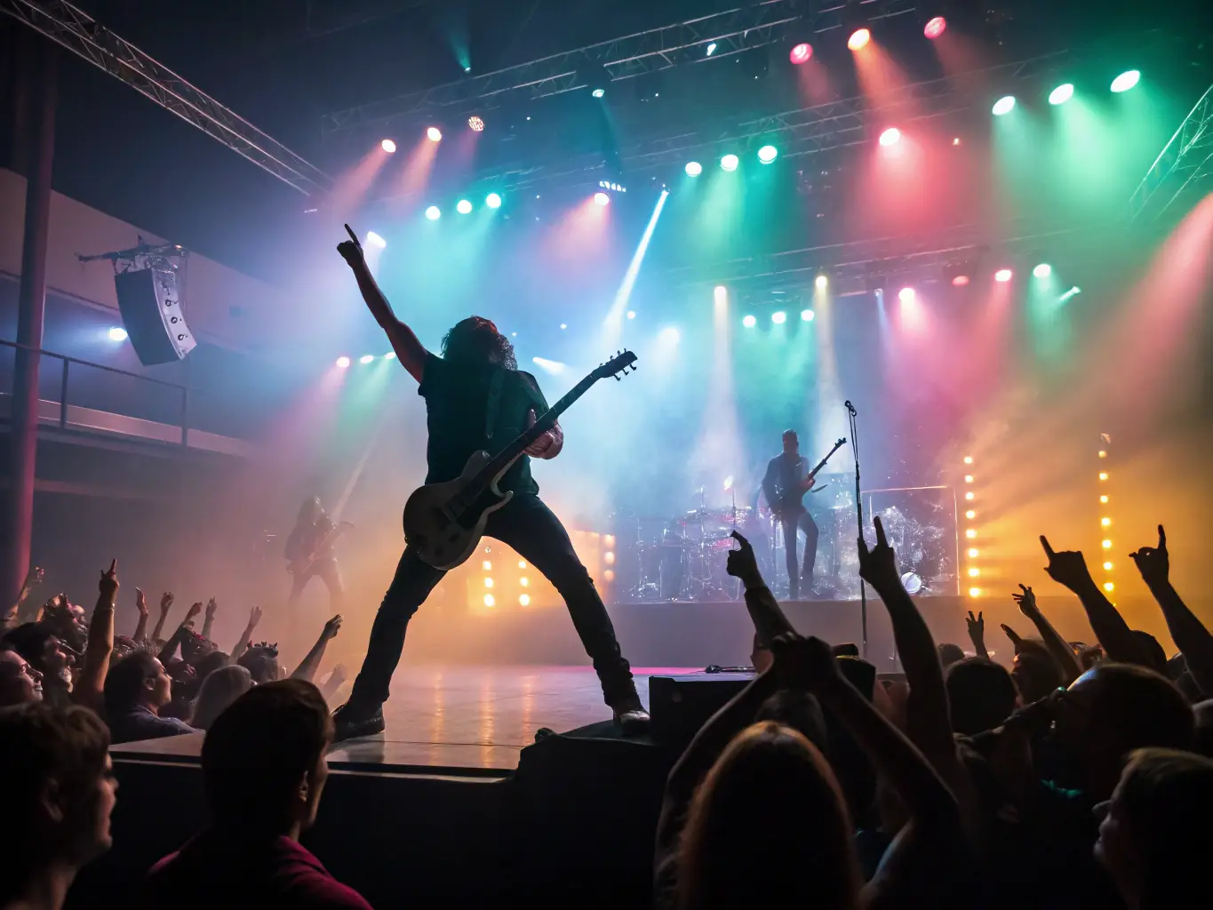 A vibrant image of a live rock music event organized by LES VOIX DU CHAUDRON, showcasing a band performing on stage with enthusiastic audience members in the Centre-Val de Loire region.