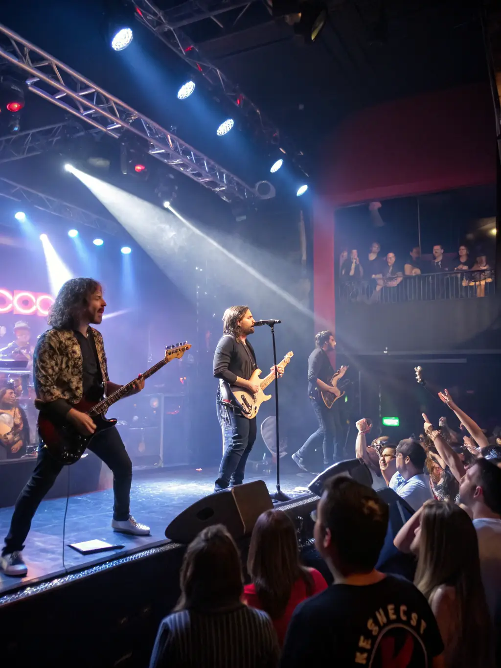 A photograph capturing a live rock music performance organized by LES VOIX DU CHAUDRON, showcasing the energy and enthusiasm of the musicians and the audience.