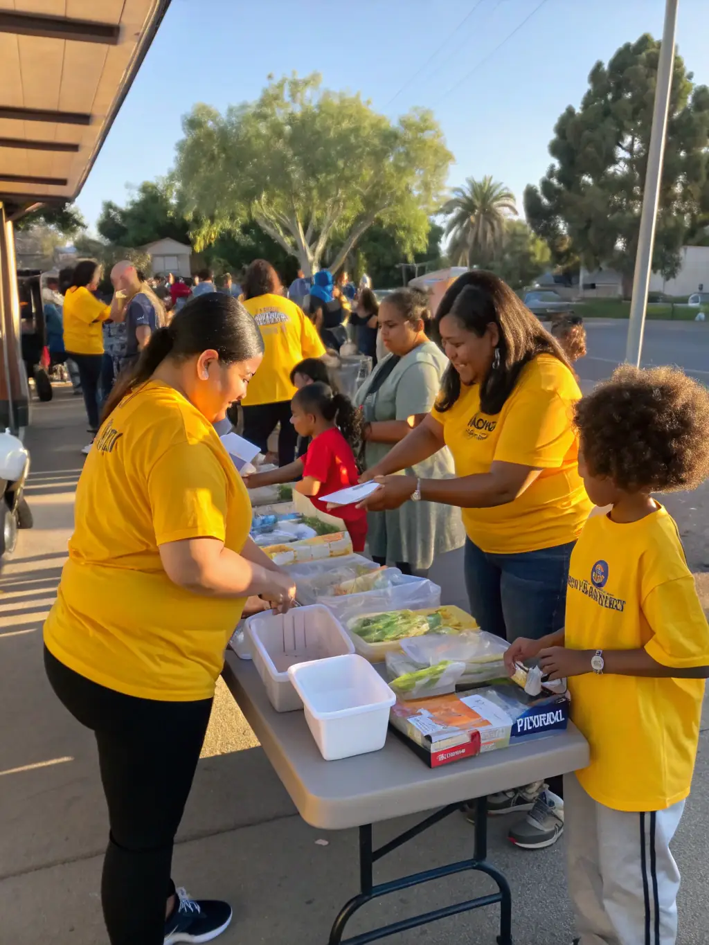 A photograph of a community outreach event organized by LES VOIX DU CHAUDRON, showing volunteers interacting with local residents and promoting music education.