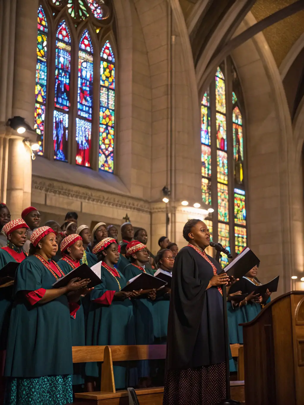 A captivating image of a sacred music performance in a historic church, highlighting the serene atmosphere and the beauty of the music.