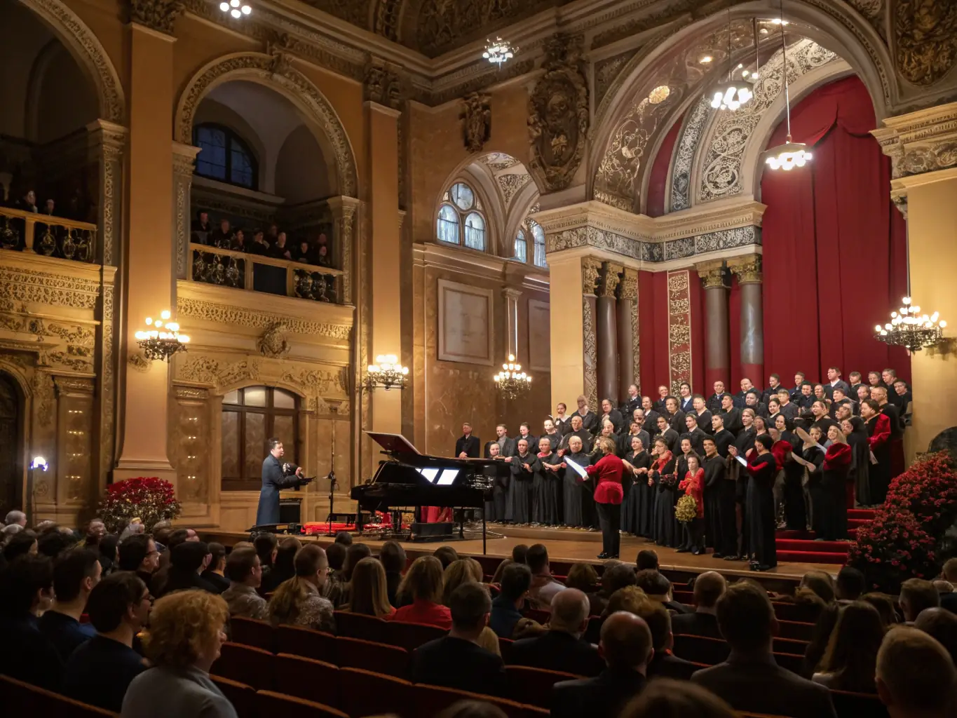A photograph capturing a sacred music concert held in a historic church, featuring a choir and instrumental ensemble performing for an attentive audience.