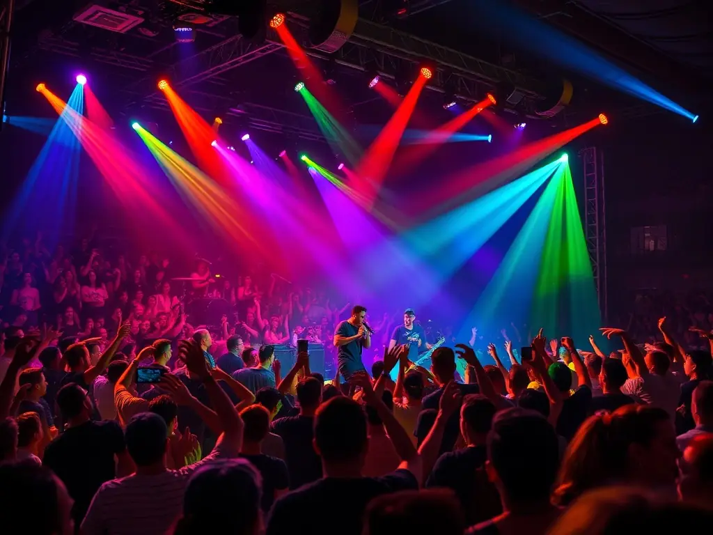 A vibrant image capturing the energy of a live rock concert organized by LES VOIX DU CHAUDRON, featuring a diverse crowd and passionate musicians on stage.