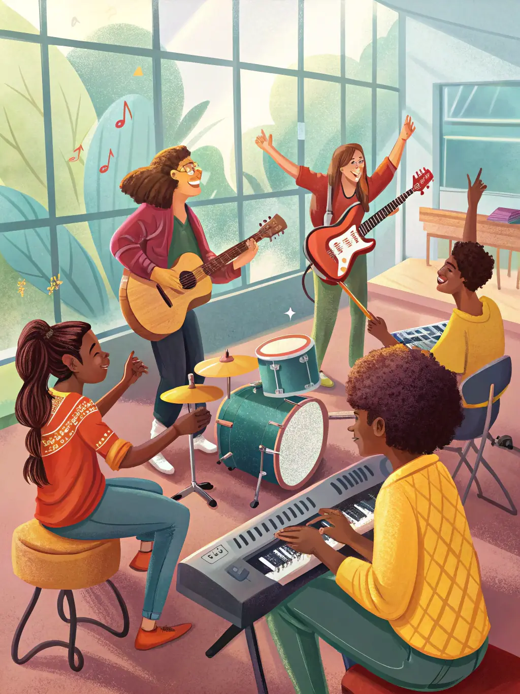 An image depicting a workshop or educational program hosted by LES VOIX DU CHAUDRON, with participants actively learning about music and cultural arts.
