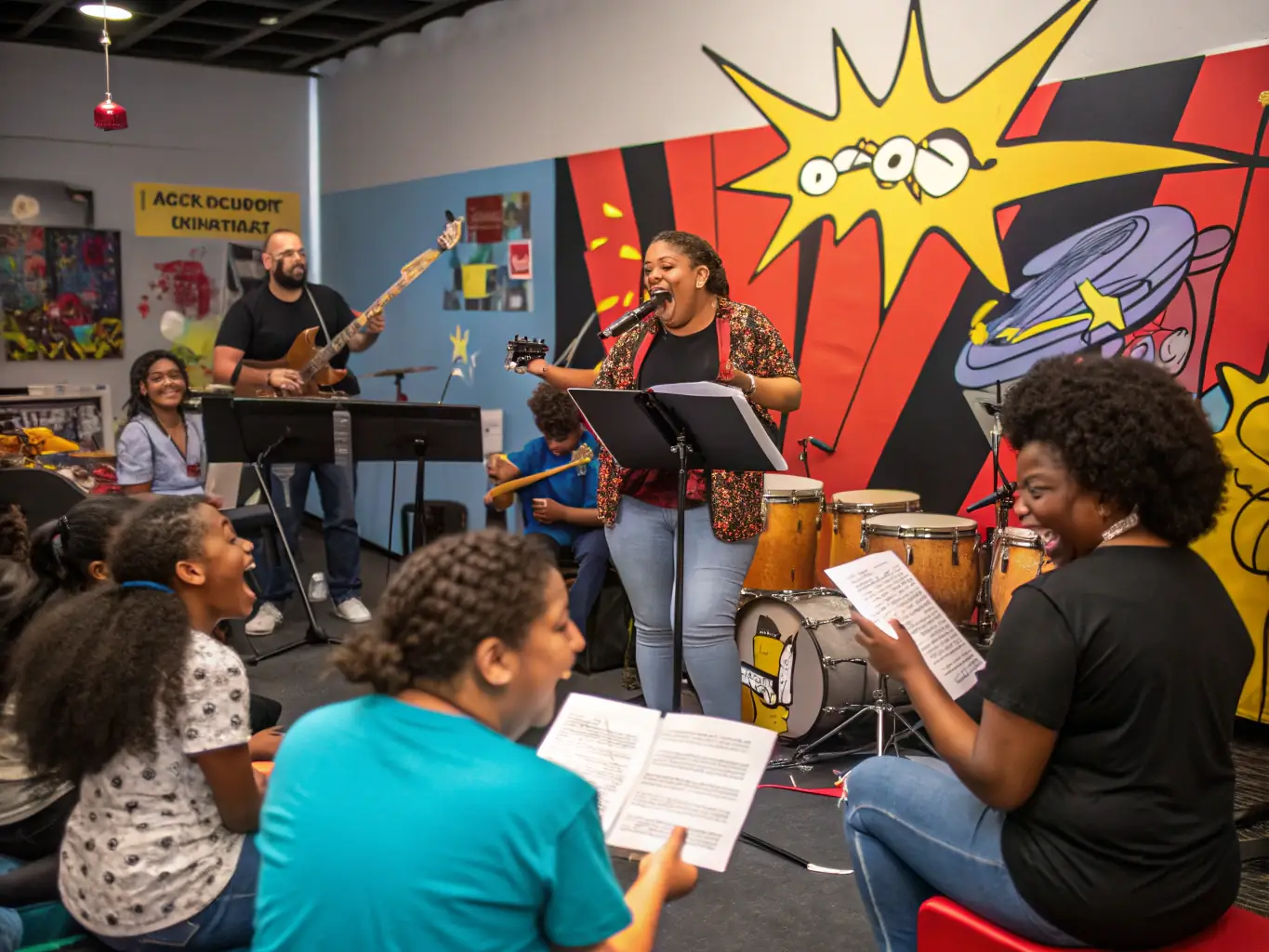 A dynamic image of a community workshop focused on rock music, with participants of all ages learning about instruments and musical techniques.
